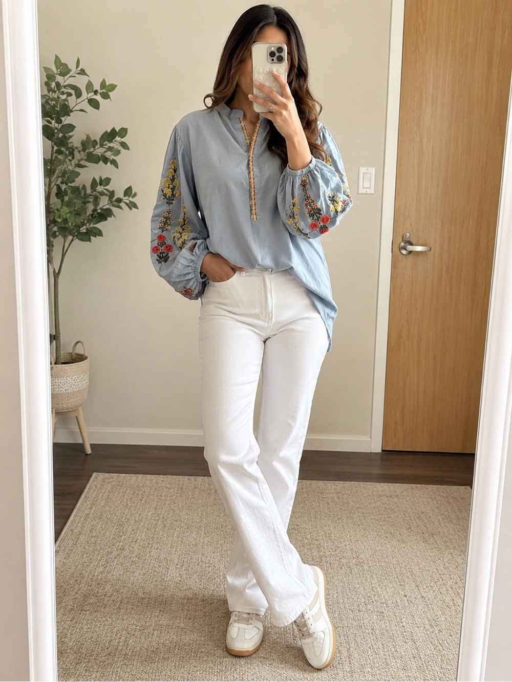 Forever 21 Light Blue Embroidered Balloon Sleeve Top